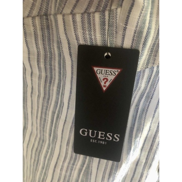 Guess Women Aileen Tie Back Knee Summer Midi Dress Linen Cotton Large Stripe NWT - Picture 13 of 16